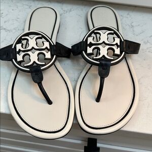 Tory Burch Black and Cream Logo Sandals